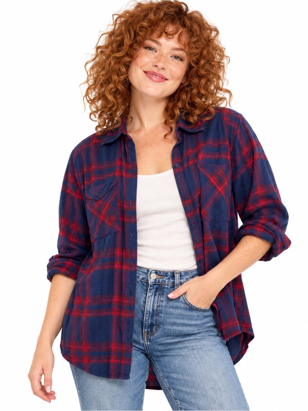 Express Boyfriend Navy Red Plaid Flannel Button Down Shirt Size M